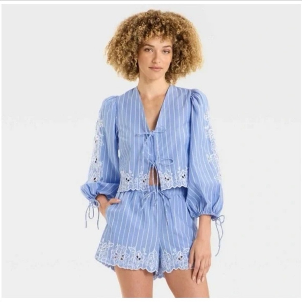 Blue Striped Lace Trim Top Blouse